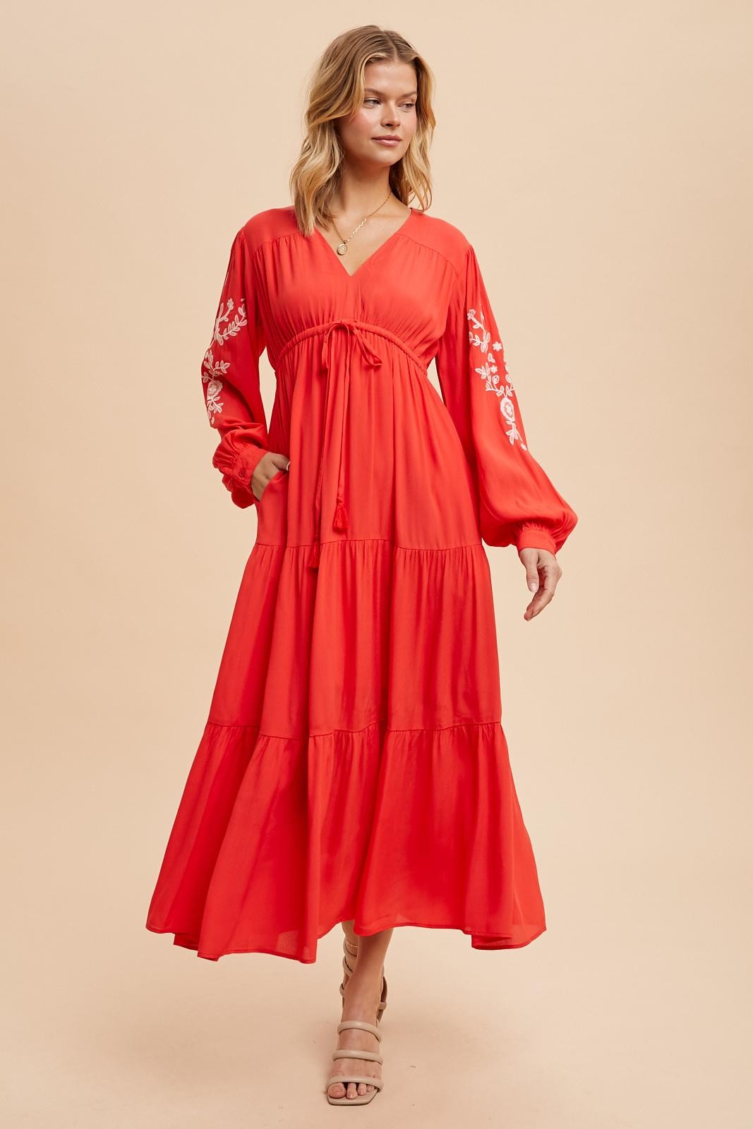Red Embroidered Long Sleeve Maternity Maxi Dress