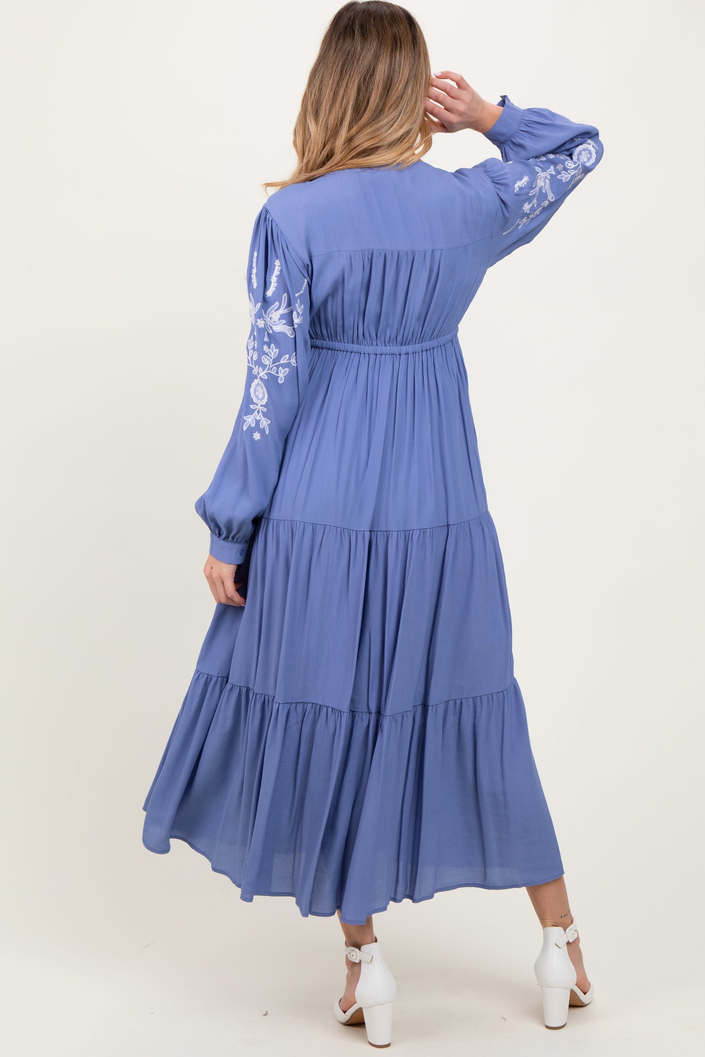 Blue Embroidered Long Sleeve Maternity Maxi Dress