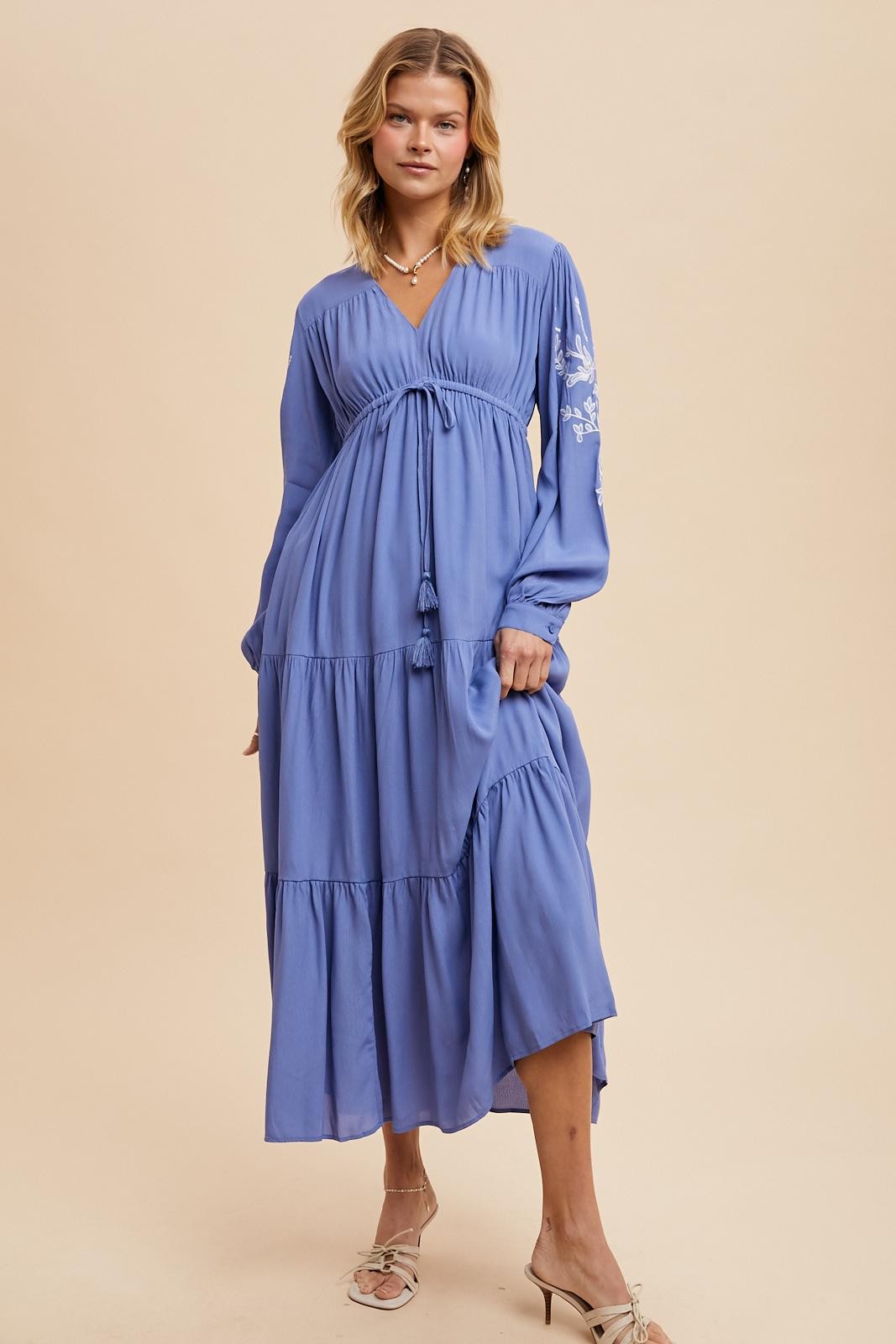 Blue Embroidered Long Sleeve Maternity Maxi Dress