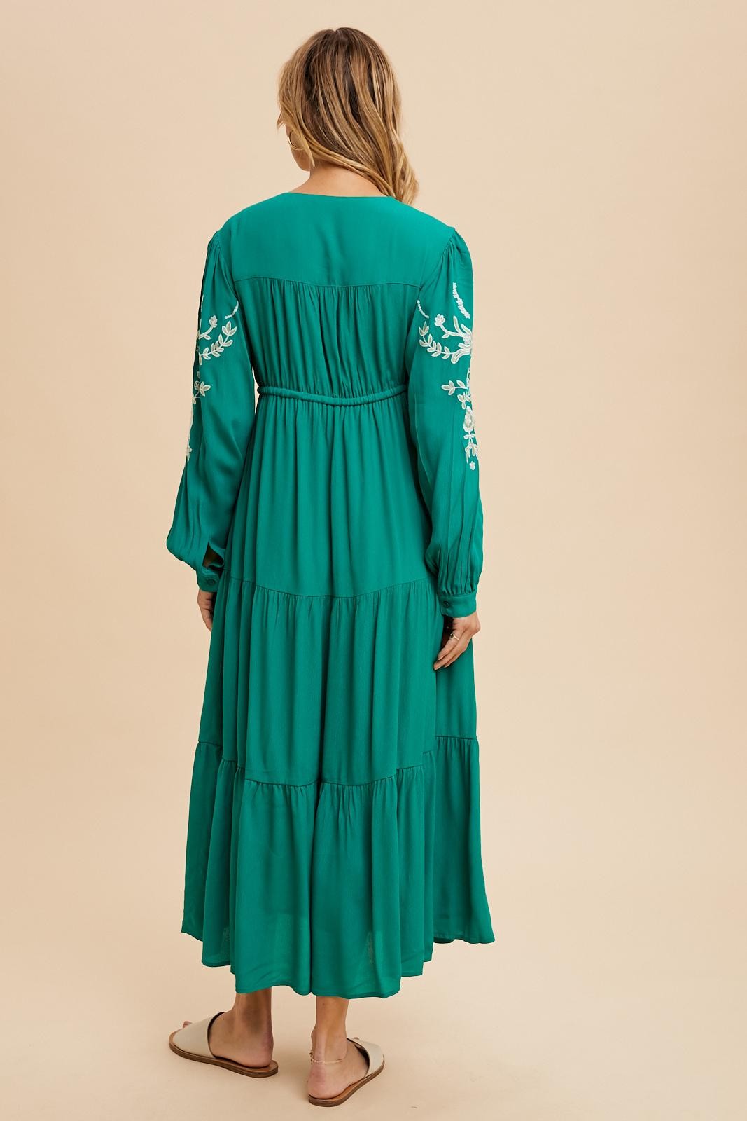 Jade Embroidered Long Sleeve Maxi Dress