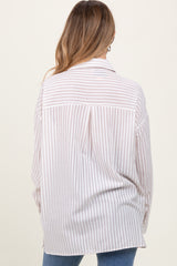 Beige Striped Double Pocket Maternity Button Down Top