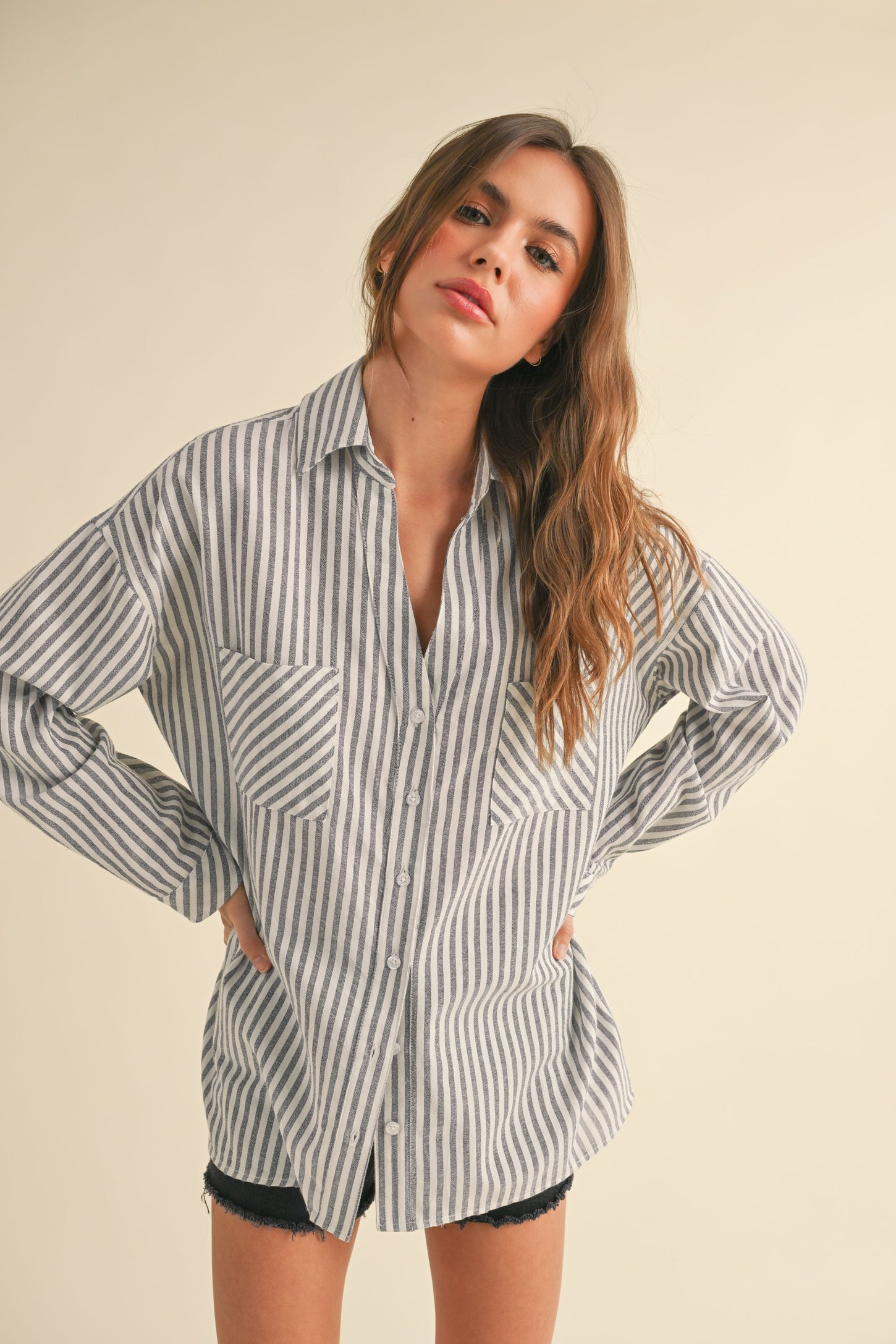 Navy Striped Double Pocket Maternity Button Down Top
