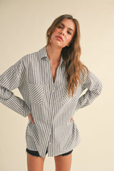 Navy Striped Double Pocket Maternity Button Down Top
