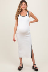 White Colorblock Trim Knit Side Slit Maternity Midi Dress