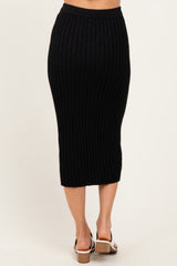 Black Ribbed Knit Drawstring Midi Skirt