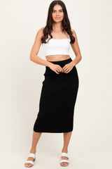 Black Ribbed Knit Drawstring Maternity Midi Skirt