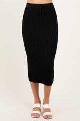 Black Ribbed Knit Drawstring Midi Skirt