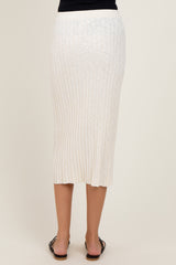 Cream Ribbed Knit Drawstring Midi Skirt