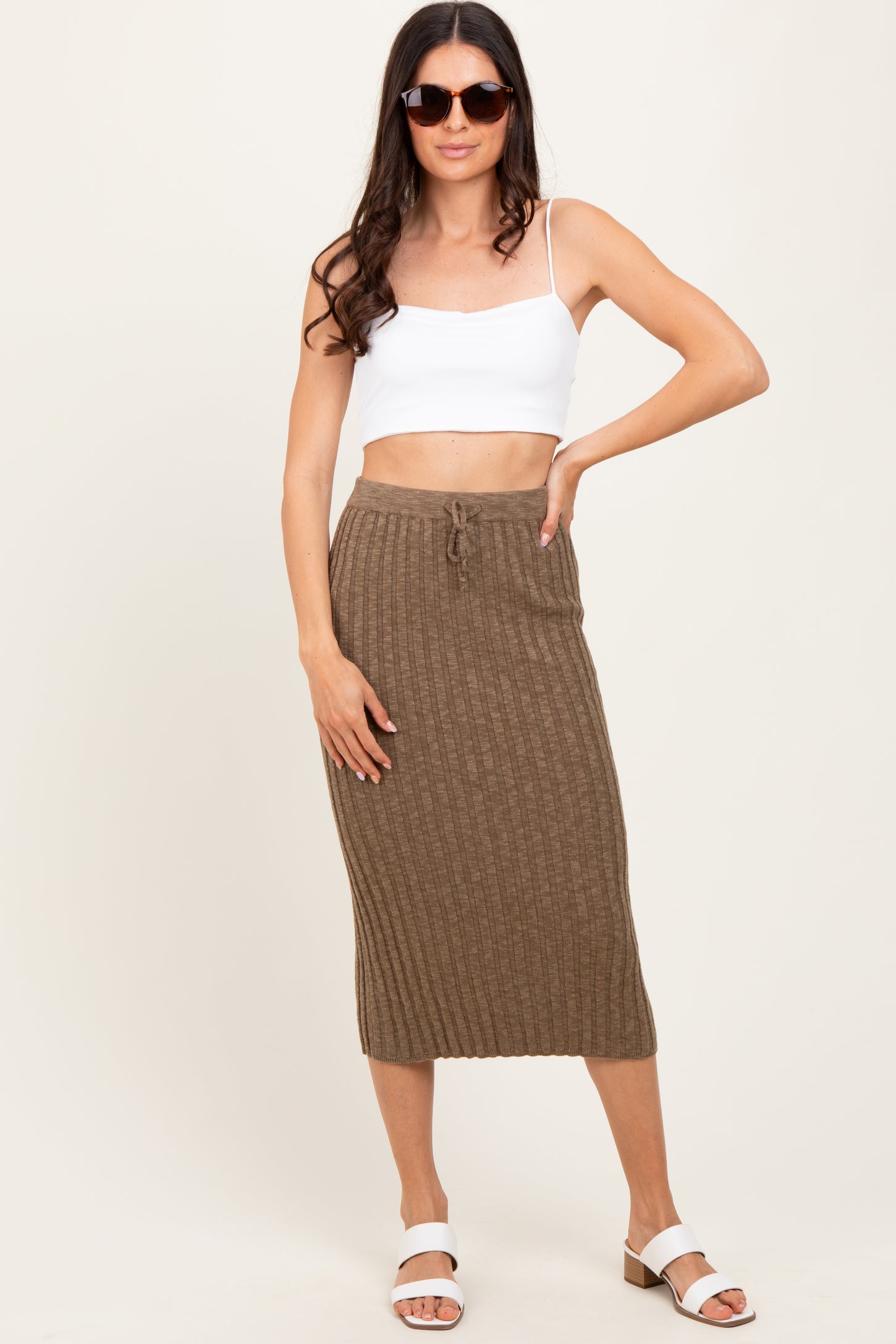 Mocha Ribbed Knit Drawstring Maternity Midi Skirt