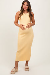 Yellow Ribbed Knit Black Slit Maternity Midi Dress
