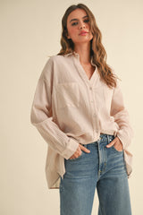 Beige Cotton Gauze Oversized Maternity Button Down Shirt