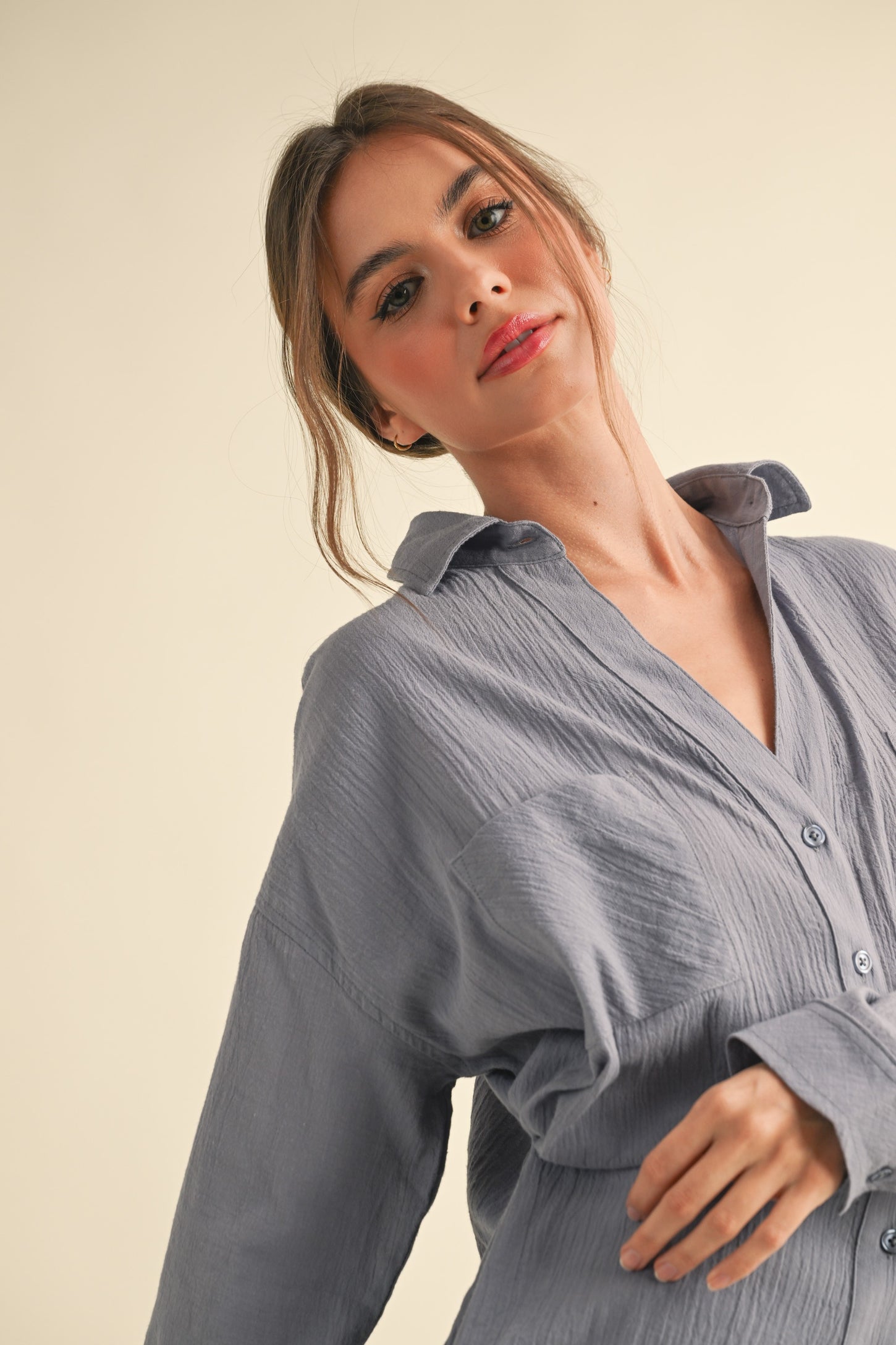 Blue Cotton Gauze Oversized Button Down Shirt