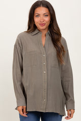 Olive Cotton Gauze Oversized Maternity Button Down Shirt