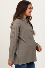 Olive Cotton Gauze Oversized Maternity Button Down Shirt