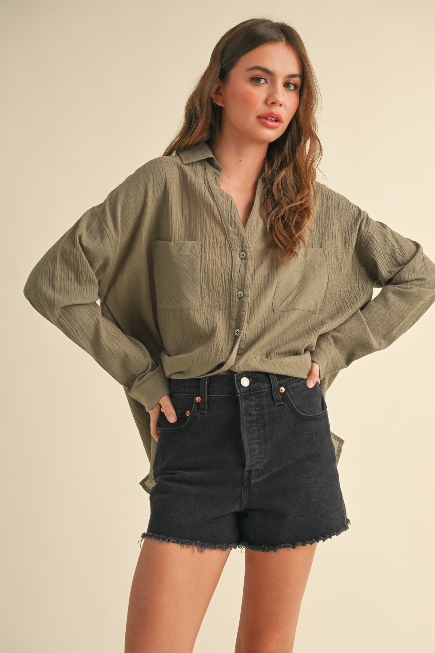 Olive Cotton Gauze Oversized Maternity Button Down Shirt
