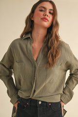 Olive Cotton Gauze Oversized Button Down Shirt