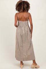 Beige Striped Linen Blend Maternity Maxi Dress