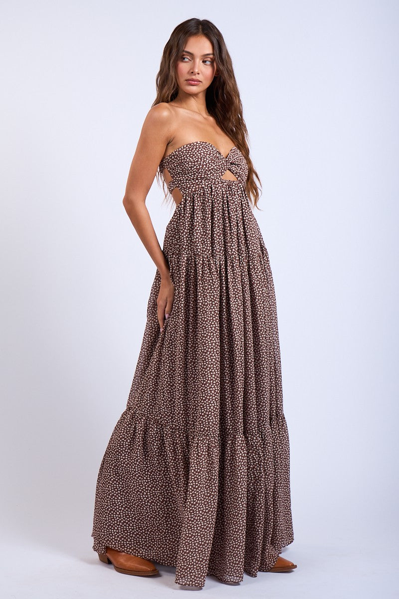 Brown Heart Print Twist Front Open Back Maxi Dress