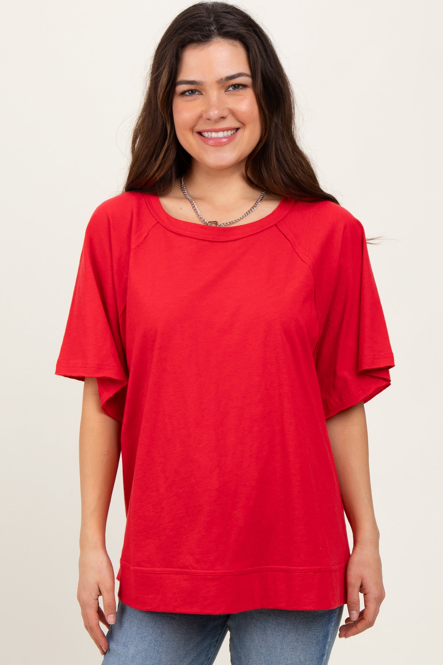 Red Oversized Raw Hem Short Sleeve Maternity Tee