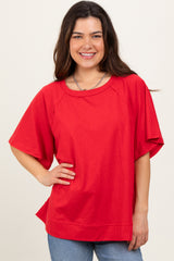 Red Oversized Raw Hem Short Sleeve Tee