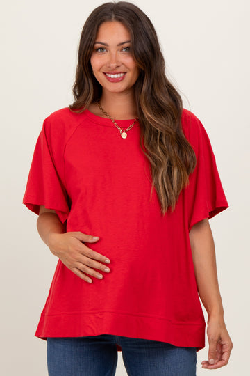 Red Oversized Raw Hem Short Sleeve Maternity Tee