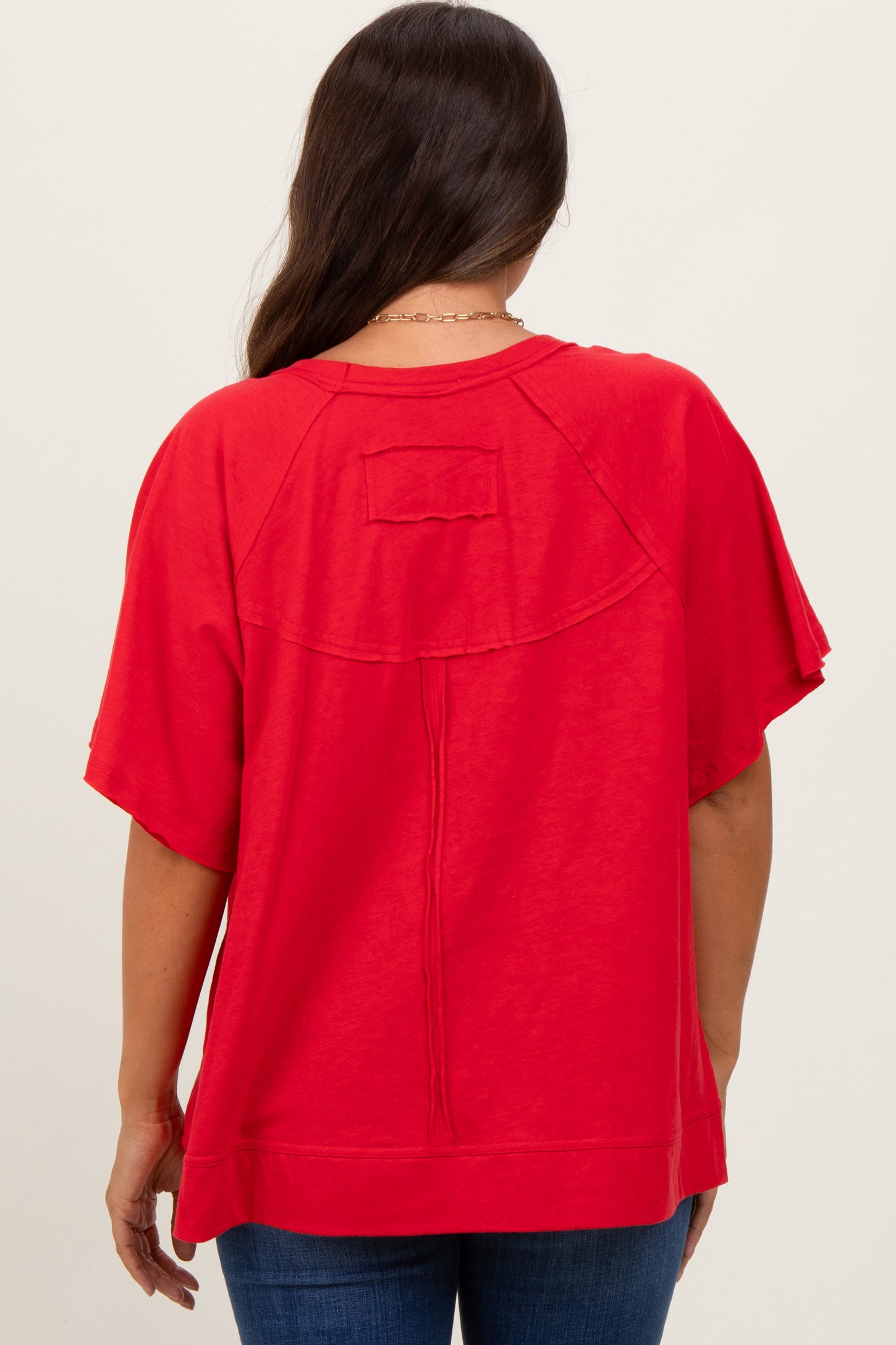 Red Oversized Raw Hem Short Sleeve Maternity Tee