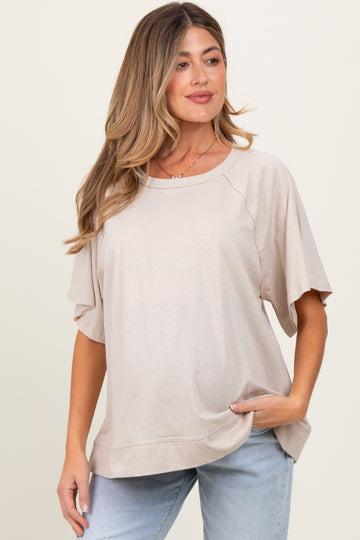 Beige Oversized Raw Hem Short Sleeve Maternity Tee