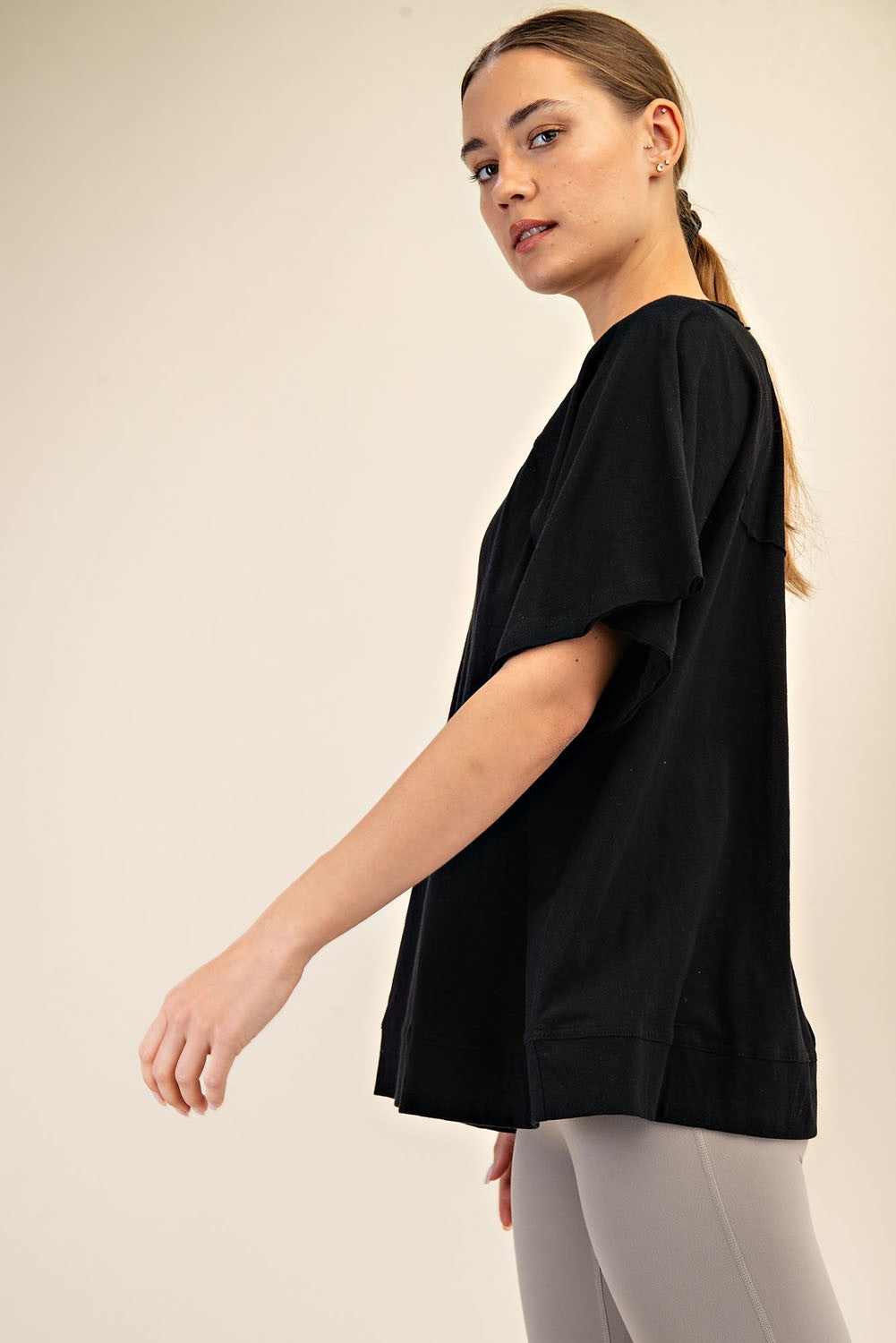 Black Oversized Raw Hem Short Sleeve Tee