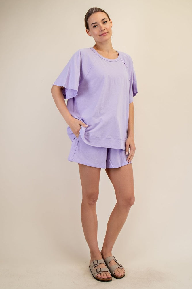 Lavender Oversized Raw Hem Short Sleeve Tee