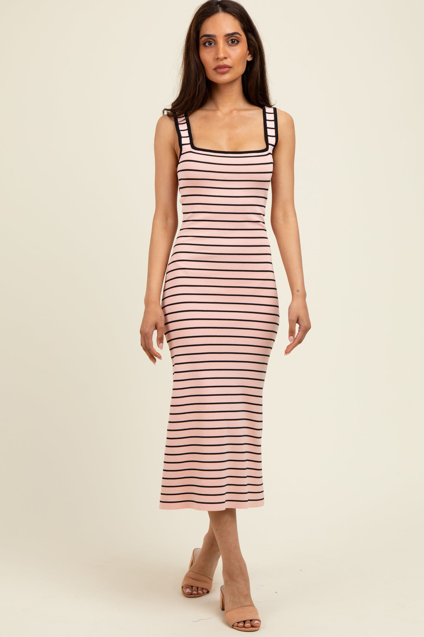 Light Pink Striped Knit Square Neck Midi Dress
