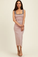 Light Pink Striped Knit Square Neck Maternity Midi Dress