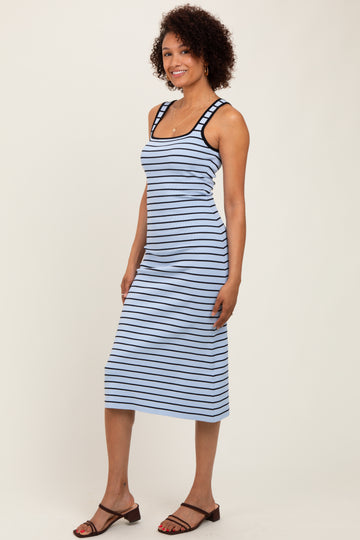 Light Blue Striped Knit Square Neck Midi Dress