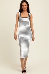 White Striped Knit Square Neck Midi Dress