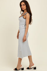 White Striped Knit Square Neck Midi Dress