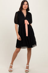 Black Ruffle V Neck Ribbon Bow Pleated Lace Lined Dress