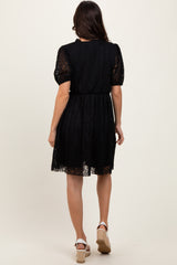 Black Ruffle V Neck Ribbon Bow Pleated Lace Lined Dress