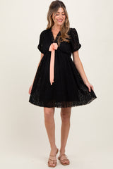Black Ruffle V Neck Ribbon Bow Pleated Lace Lined Maternity Dress
