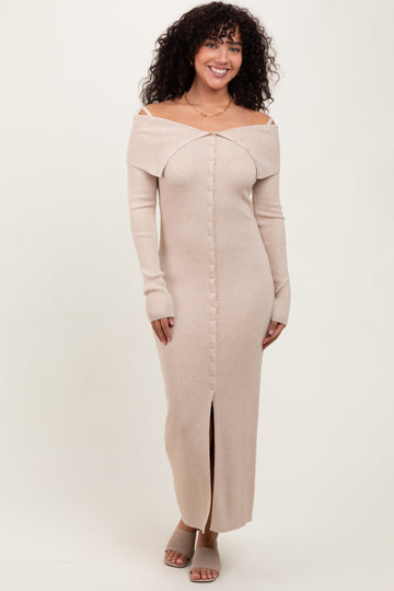 Beige Off Shoulder Long Cardigan Maxi Dress