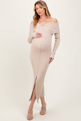 Beige Off Shoulder Long Cardigan Maternity Maxi Dress