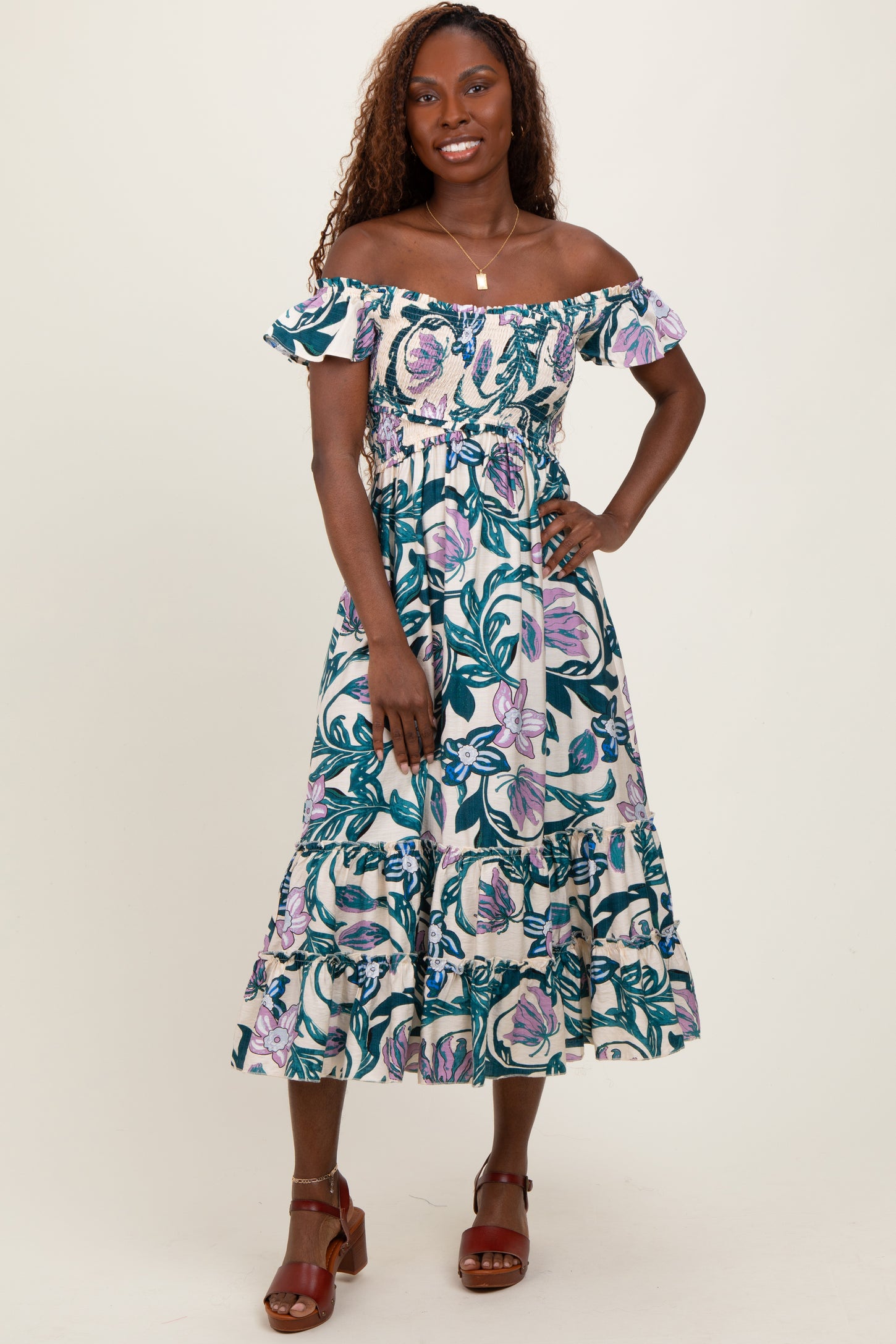 Teal Multi Smocked Top Woven Midi Dress