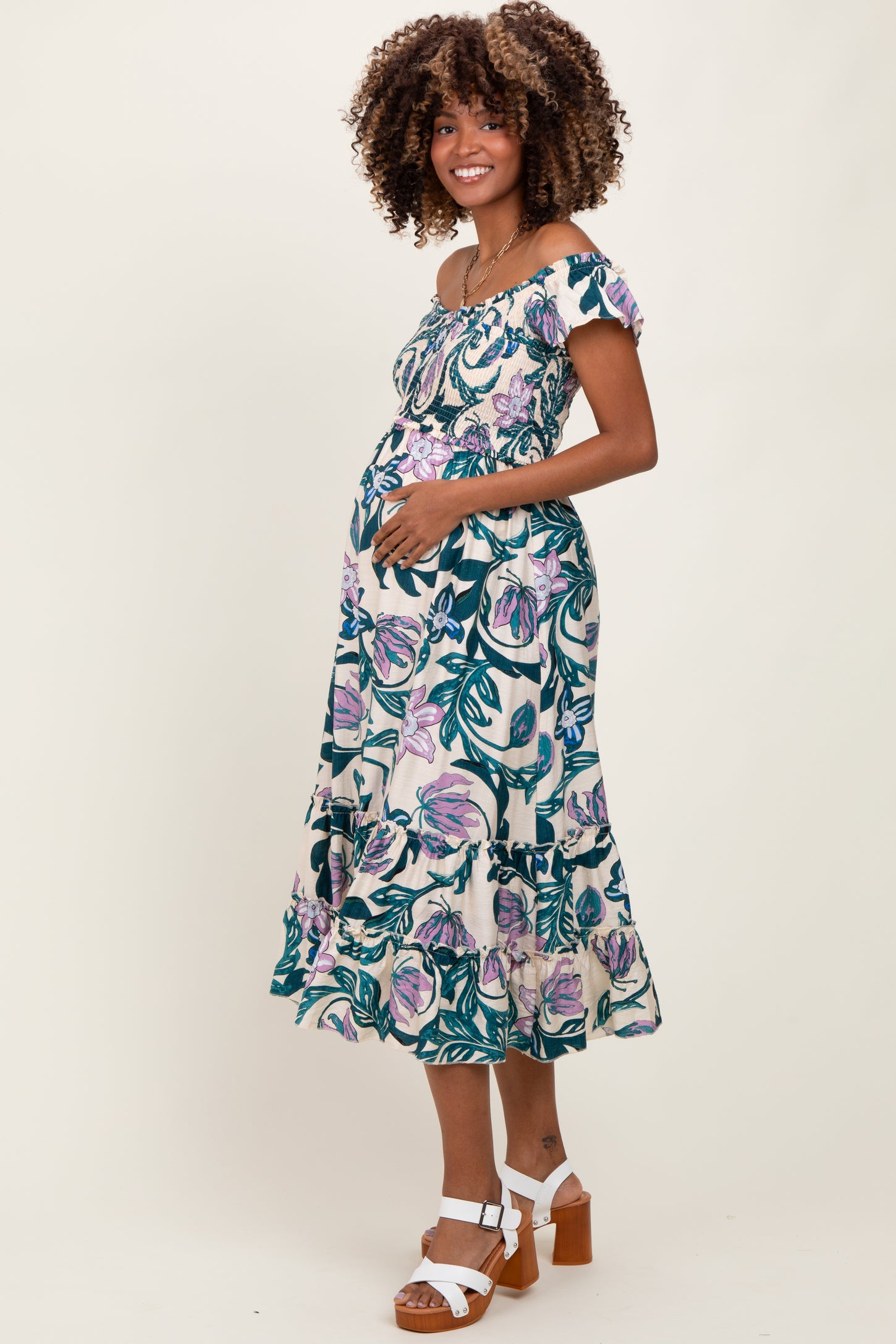 Teal Multi Smocked Top Woven Maternity Midi Dress