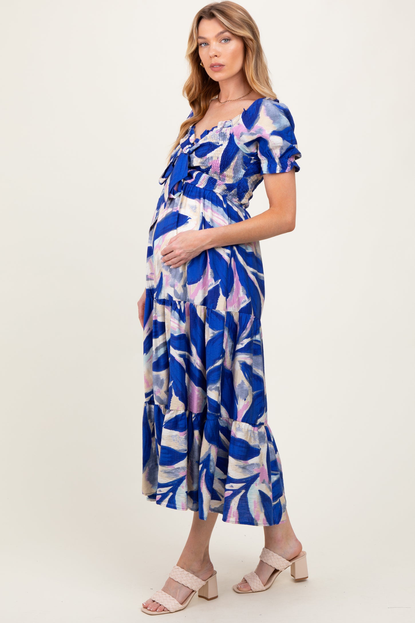 Royal Blue Blue Smocked Top Woven Tiered Maternity Dress