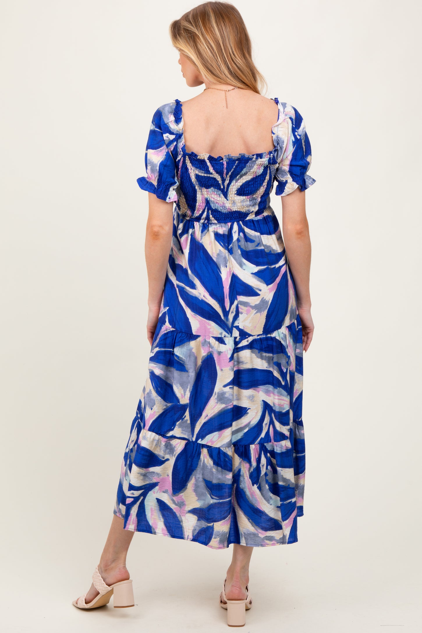 Royal Blue Blue Smocked Top Woven Tiered Maternity Dress