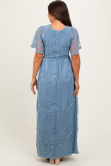 Blue Smocked Top Lace Maternity Maxi Dress