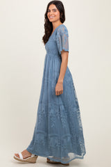Blue Smocked Top Lace Maxi Dress