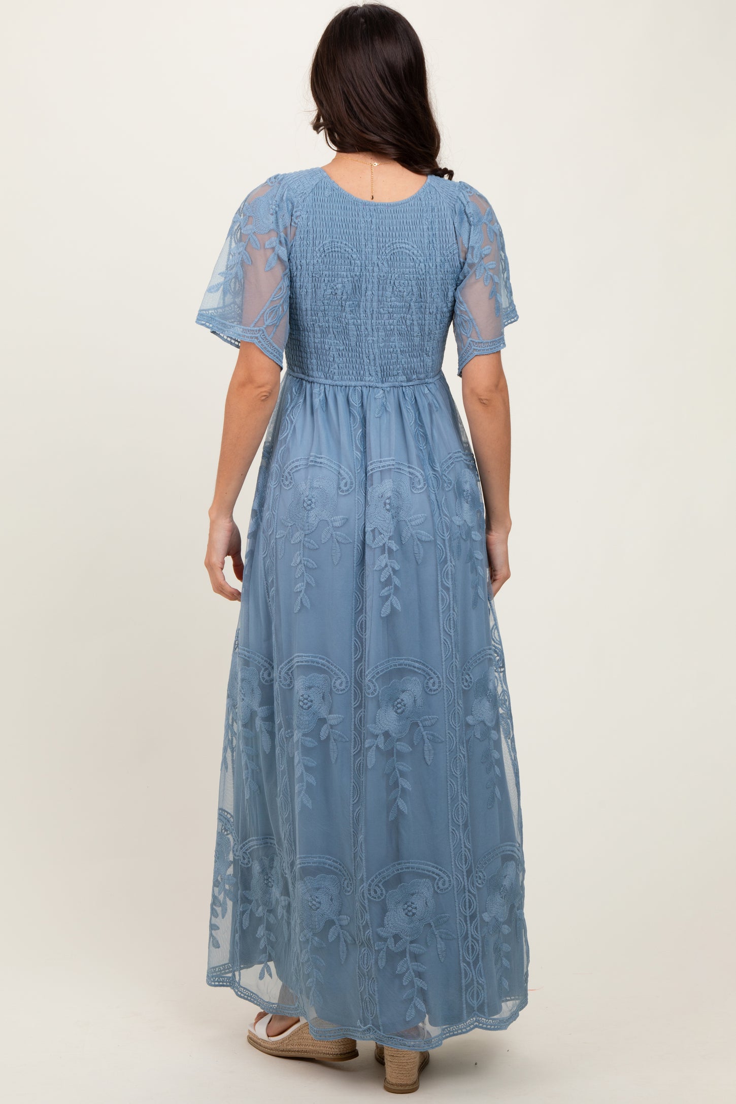 Blue Smocked Top Lace Maxi Dress