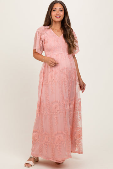 Pink Smocked Top Lace Maternity Maxi Dress