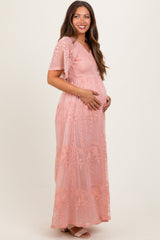 Pink Smocked Top Lace Maternity Maxi Dress