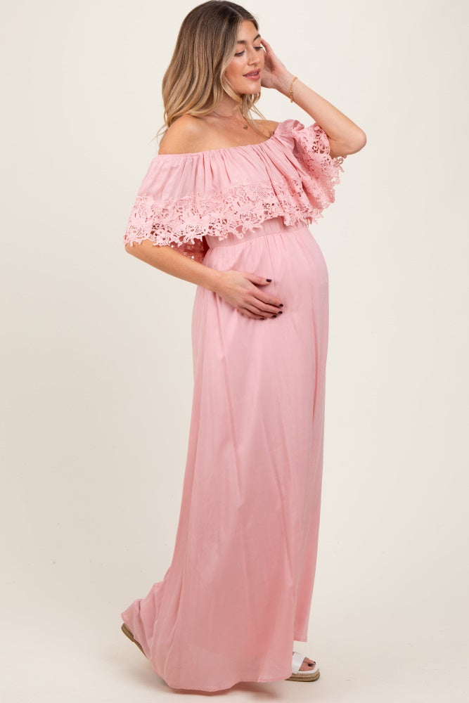 Pink Lace Off Shoulder Maternity Maxi Dress