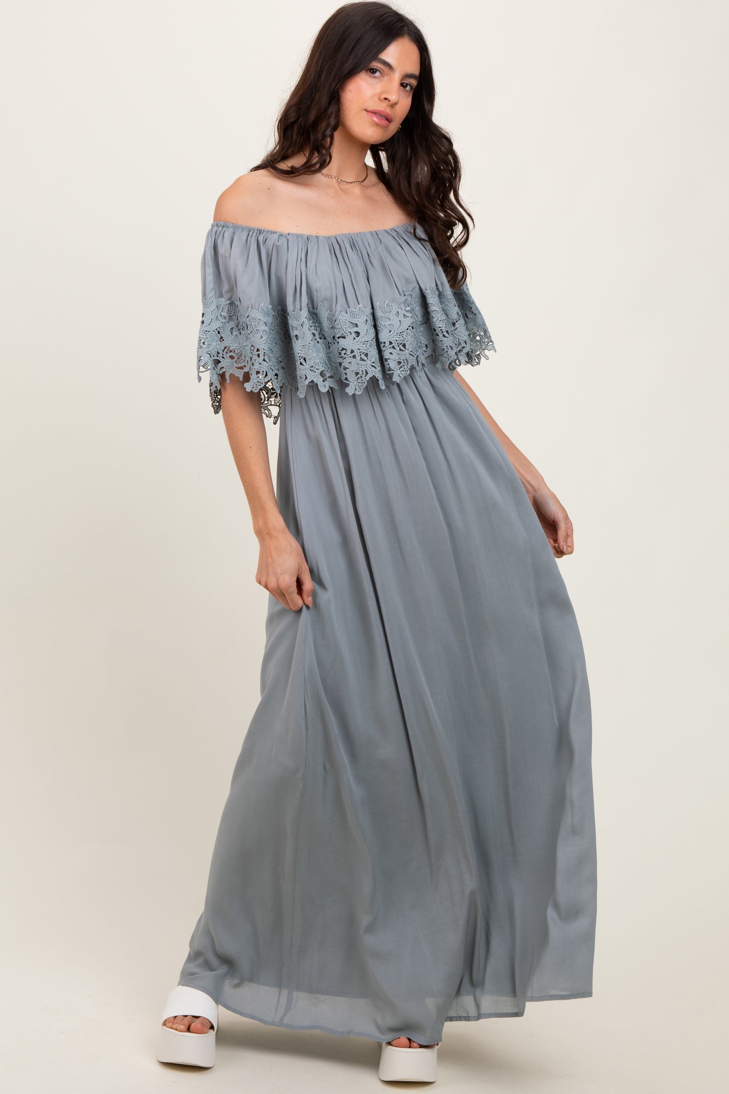Sage Lace Off Shoulder Maxi Dress